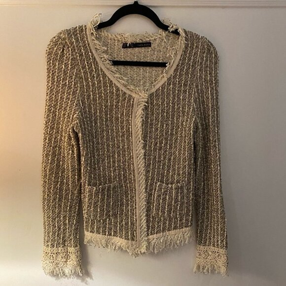 Zara Cropped Tweed Jacket Embroidery on the Back Frayed Trim Cream Size M - Picture 5 of 6